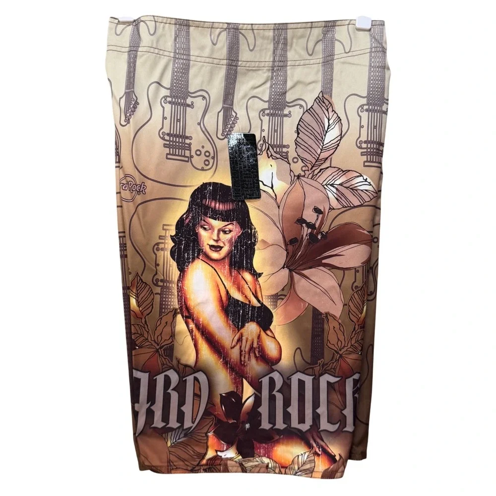NWT Hard‎ Rock Cafe Mens Vintage Surf Pinup Boardshorts Brown Guitar Print SZ 36